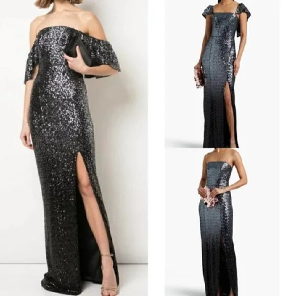 Marchesa Notte Ombré Sequin Gunmetal Column 3 In 1 Evening Gown NWT Size 8
